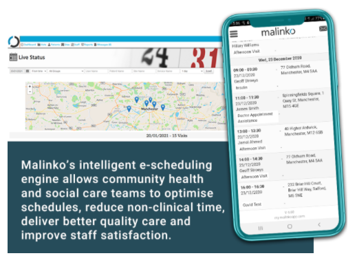 Malinko's intelligent e-scheduling engine allows community health and social care teams to optimise schedules, reduce non-clinical time, deliver better quality care and improve staff satisfaction.