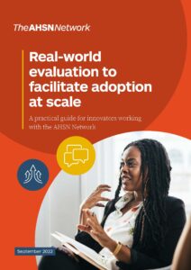 Image of front cover of real world evaluation guide.  Text reads Real-world evaluation to facilitate adoption at scale. The cover shows a Black female in a meeting in business wear.
