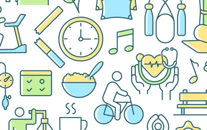 Illustration of examples of wellbeing activities such as running, eating, having a hot drink, cycling , yoga and listening to music.