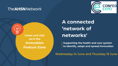 A dark blue background showing to the left a yellow circle with the words Come and visit us in the Innovation Feature Zone.
On the righthand side are words describing the AHSN Network. 
Text reads: "a connected 'network of networks'.  Supporting the health and care system to identify, adopt and spread innovation.
Then the dates of the show which are Wednesday 14 June and Thursday 15 June.
